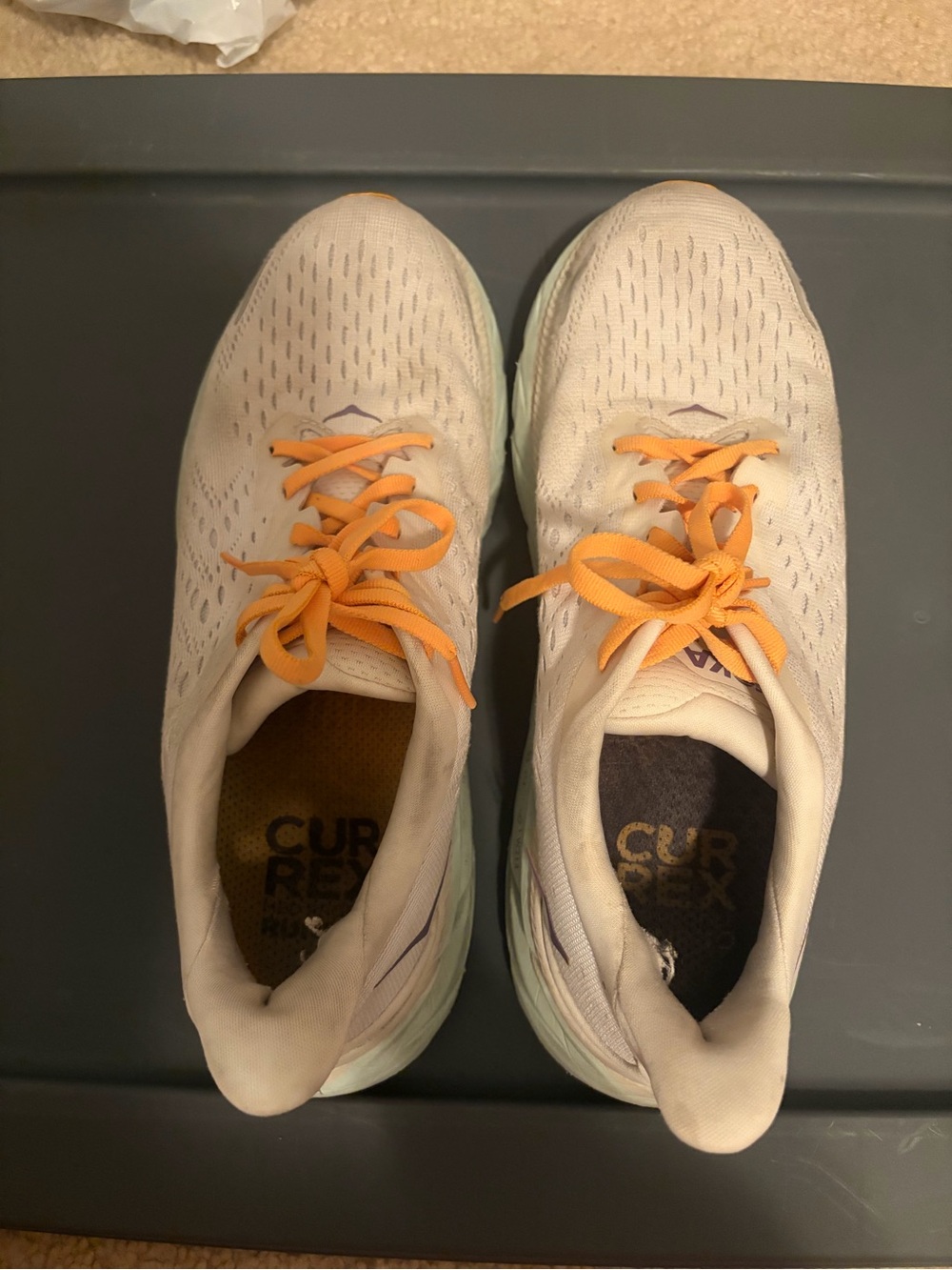 Hoka One One Cream Running Shoes with Orange Laces